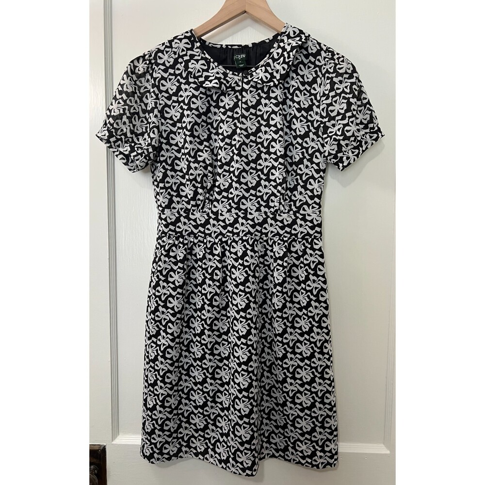 J Crew Women's Black White Bow Print Short Sleeve Dress Size 2